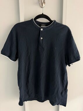 Lefties Man Navy Blue Banded Collar Henley Cotton Polo Shirt M